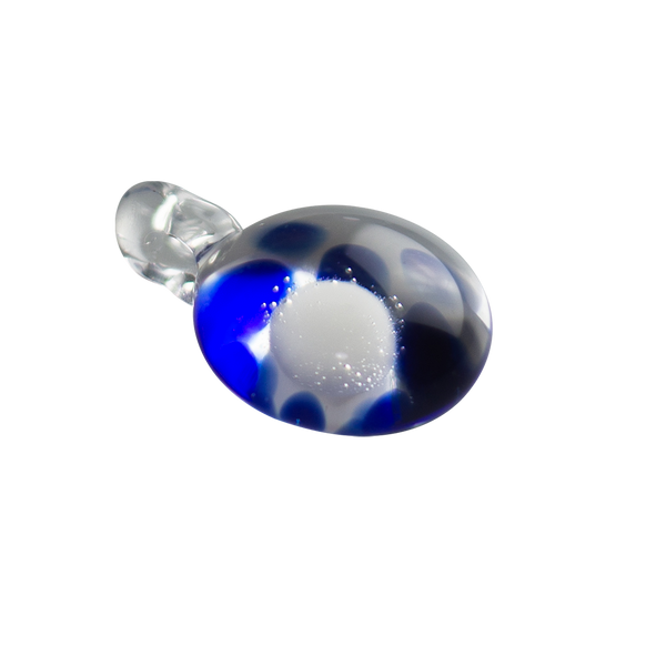 This is a Glass Dotted Pendant from Technicolor Tony available at Ritual Colorado. Cobalt dots behind a white center creates a fun optical illusion, featuring a clear loop at the top so it can easily be worn as a necklace.