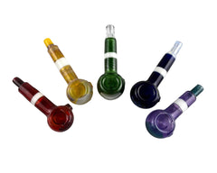 These are Colorful Stripe Spoon Pipes by Biting Glass available at Ritual Colorado. Vibrant handmade glass pipes made in Denver, CO featuring fun color accents and UV surprises.