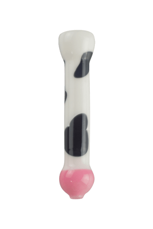 This is the Cow Print Chillum by Biting Glass available at Ritual Colorado. A sleek one hitter featuring a fun black and white cow print and a pink "udder" mouthpiece.