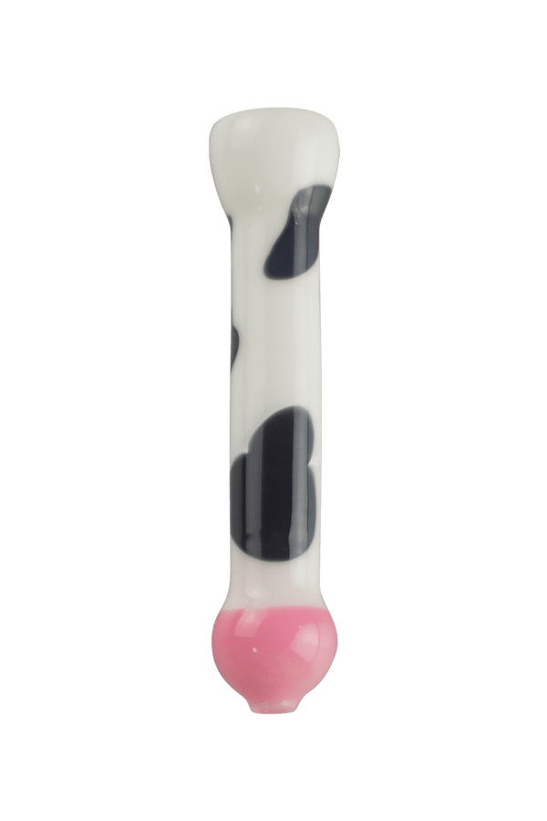 This is the Cow Print Chillum by Biting Glass available at Ritual Colorado. A sleek one hitter featuring a fun black and white cow print and a pink "udder" mouthpiece.