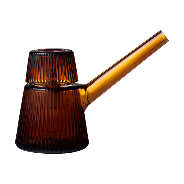 This is the Amber Deco Bubbler by NWTN Home available at Ritual Colorado. A beautiful, Art Deco inspired glass piece with an included 14mm slide for sleek sessions.