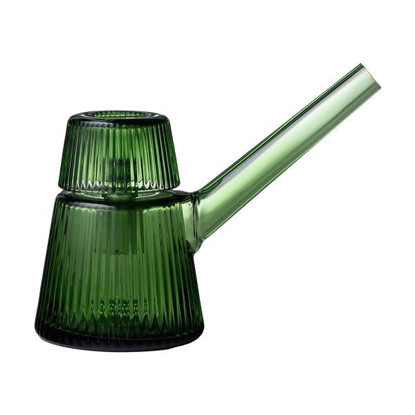 This is the Emerald Deco Bubbler by NWTN Home available at Ritual Colorado. A beautiful, Art Deco inspired glass piece with an included 14mm slide for sleek sessions.