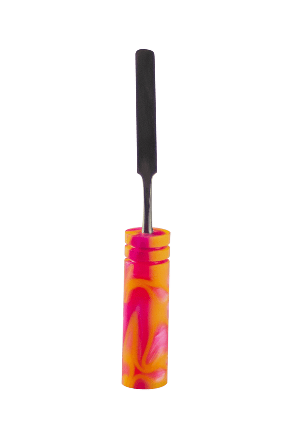 This is the Disco Pink dab tool from Hash Handlez available at Ritual Colorado. These beautiful handmade dab tools feature vibrant resin handles and a protective hard case.