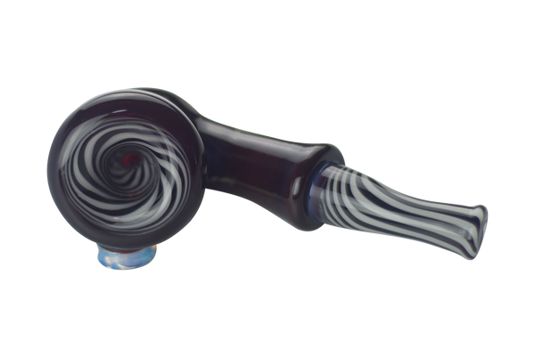 This is the Dark Phoenix Swirl Sherlock Hand Pipe from Technicolor Tony available at Ritual Colorado. This beautiful glass features a carb on the left side of the bowl with black and white swirl accents on the mouthpiece and bowl.