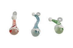 These are Glass Elf Head Ornaments by Biting Glass available at Ritual Colorado. Featuring swirling color hats with integrated glass loops these fun designs work as ornaments or pendants.