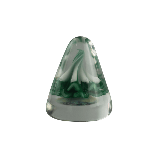 This is the Winter Evergreen Paperweight by Biting Glass available at Ritual Colorado. A sleek wintry glass decoration featuring a vibrant green snow capped tree inside.