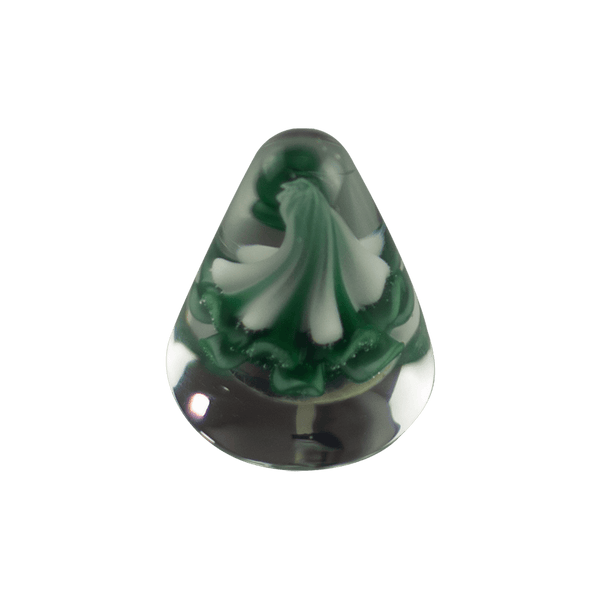 This is the Winter Evergreen Paperweight by Biting Glass available at Ritual Colorado. A sleek wintry glass decoration featuring a vibrant green snow capped tree inside.