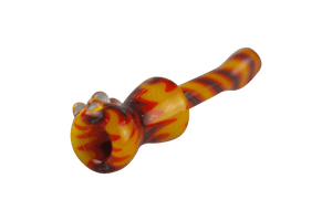 This is the Fire Wig Wag Chillum by Vulcan Glass Art available at Ritual Colorado. A beautiful classic one-hitter with detailed line work made in Buena Vista Colorado.
