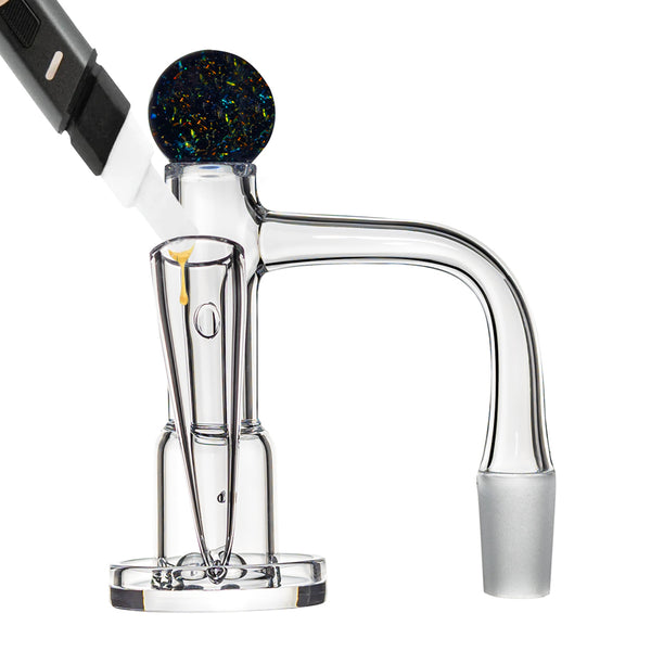 This is the Gale Terp Feeder Banger by MJ Arsenal available at Ritual Colorado. A sleek "feeder" quartz banger which features an easy-to-load side path for loading in your concentrates and auto-spin function.