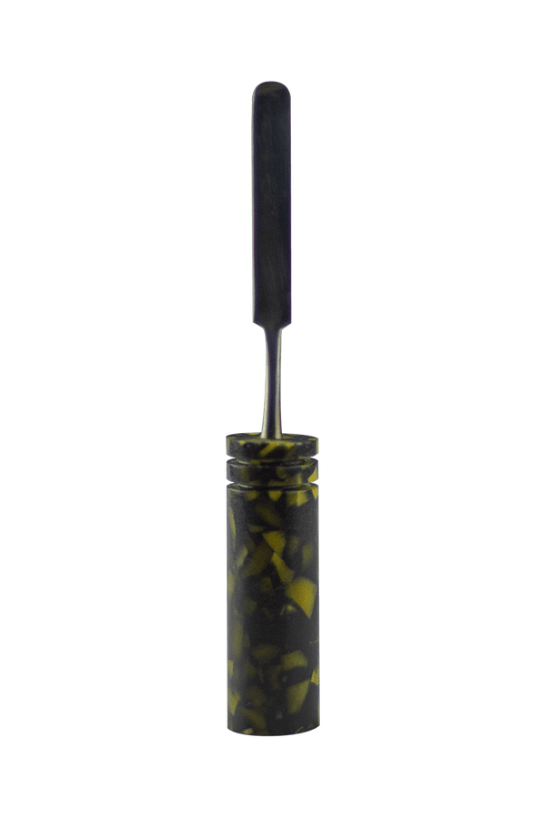 This is the Gold Nugget dab tool from Hash Handlez available at Ritual Colorado. A beautiful handmade dabber that features a beautiful resin handle and hard carrying case.