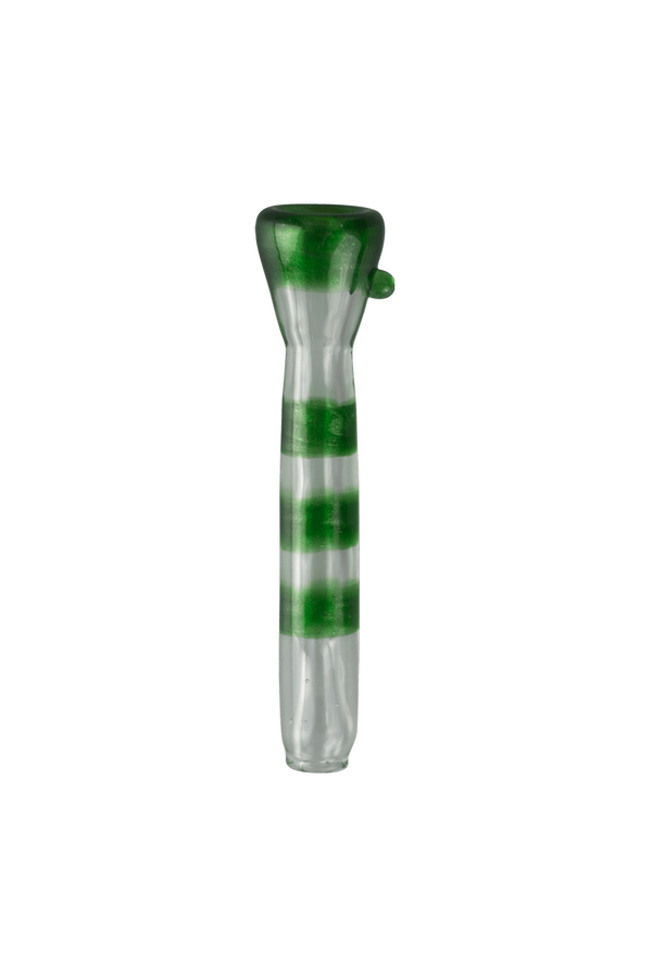 This is the Green Stardust Color Stripe Chillum by Biting Glass available at Ritual Colorado. A sturdy handmade glass one-hitter featuring a flared trumpet bowl on the end.