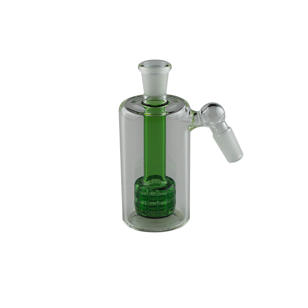 This is the Cash Catcher Ash Catcher from Ritual Glass available at Ritual Colorado. It features a male and female connection (14mm or 19mm) as well as a showerhead perc for filtration. Use with water as a bubbler or as a dry herb catcher to keep your glass clean. 