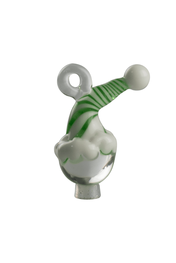 These are Glass Elf Head Ornaments by Biting Glass available at Ritual Colorado. Featuring swirling color hats with integrated glass loops these fun designs work as ornaments or pendants.