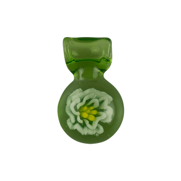This is the Green Flower Medallion Pendant by Biting Glass available at Ritual Colorado. A beautiful handmade borosilicate jewelry piece with hidden sparkly details. 