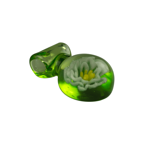 This is the Green Flower Medallion Pendant by Biting Glass available at Ritual Colorado. A beautiful handmade borosilicate jewelry piece with hidden sparkly details. 