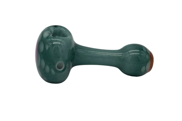 This is the Green Implosion Spoon Pipe by Technicolor Tony available at Ritual Colorado. A classic spoon pipe accented by a vibrant pink dot implosion on the end of the bowl and transparent orange accents.