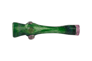This is the Green & Pink Chillum by Technicolor Tony available at Ritual Colorado. A handmade glass one hitter with sleek lines and a vibrant color combination for all your discrete session needs.