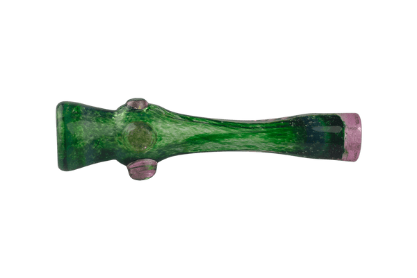 This is the Green & Pink Chillum by Technicolor Tony available at Ritual Colorado. A handmade glass one hitter with sleek lines and a vibrant color combination for all your discrete session needs.