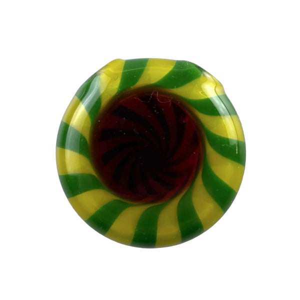 This is the Green / Red Spiral Disc Pendant by Technicolor Tony available at Ritual Colorado. A vibrant glass jewelry piece featuring intricate patterns and vibrant glass colors.