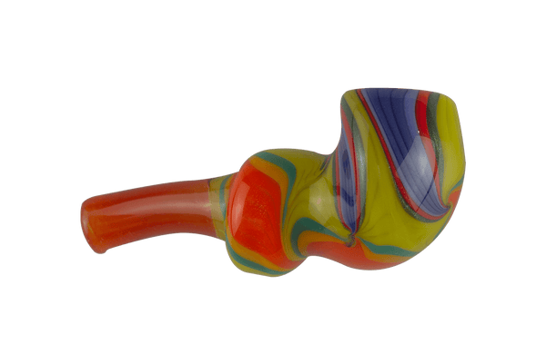 This is the Groovy Swirl Hand Pipe from Technicolor Tonys available at Ritual Colorado. It features a carb on the left side of the bowl and intrictae swirling colors on the body. Based in Denver, Colorado Technicolor Tonys offers tons of heady glass pipes, bubblers, puffco tops and more