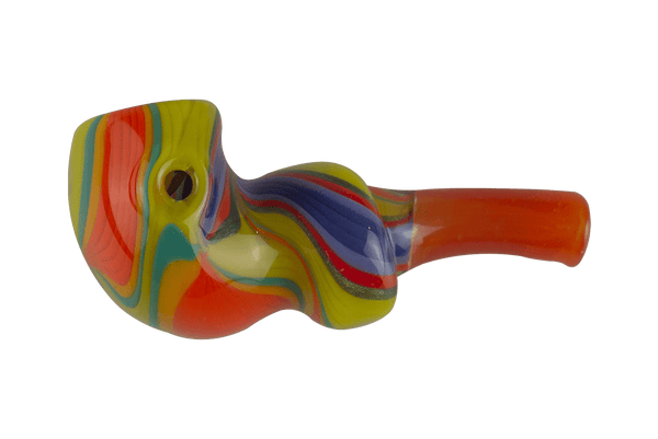 This is the Groovy Swirl Hand Pipe from Technicolor Tonys available at Ritual Colorado. It features a carb on the left side of the bowl and intrictae swirling colors on the body. Based in Denver, Colorado Technicolor Tonys offers tons of heady glass pipes, bubblers, puffco tops and more