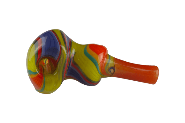 This is the Groovy Swirl Hand Pipe from Technicolor Tonys available at Ritual Colorado. It features a carb on the left side of the bowl and intrictae swirling colors on the body. Based in Denver, Colorado Technicolor Tonys offers tons of heady glass pipes, bubblers, puffco tops and more