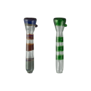 These are the Color Stripe Chillums by Biting Glass available at Ritual Colorado. Sturdy handmade glass one-hitters featuring a flared trumpet bowl on the end.