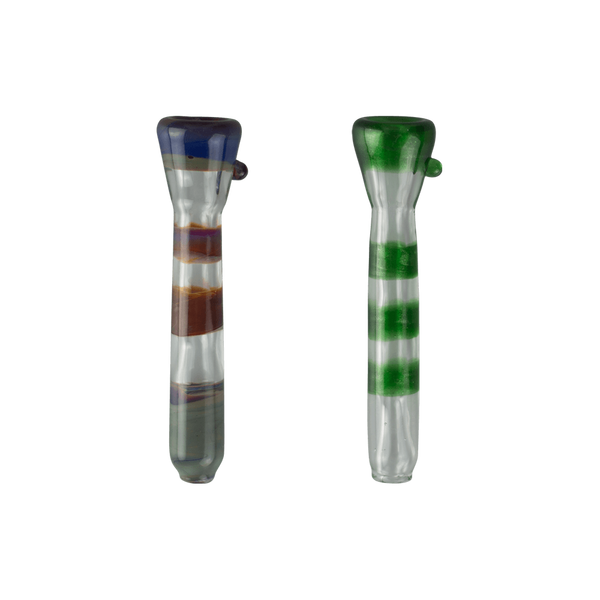 These are the Color Stripe Chillums by Biting Glass available at Ritual Colorado. Sturdy handmade glass one-hitters featuring a flared trumpet bowl on the end.