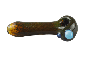 This is a heady spoon pipe from Hornsilver Glass available at Ritual Colorado. Featuring vibrant glass colors, three carved notches on the body and accent colors on the bowl these are incredible hand blown artwork at a great price.