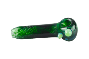 This is a heady spoon pipe from Hornsilver Glass available at Ritual Colorado. Featuring vibrant glass colors, three carved notches on the body and accent colors on the bowl these are incredible hand blown artwork at a great price.