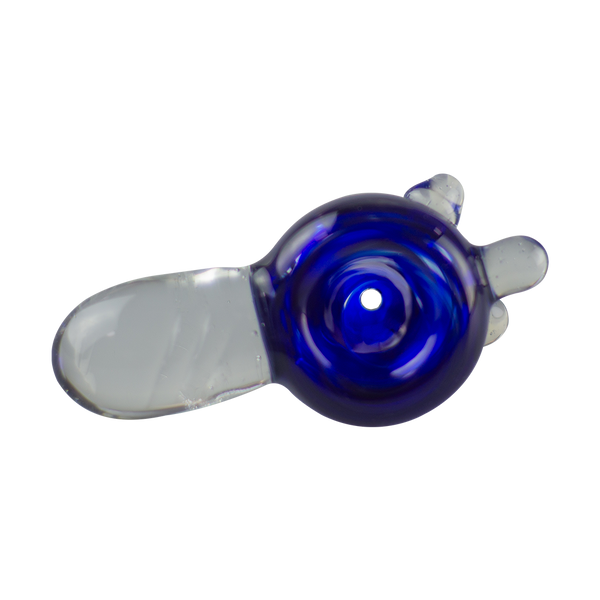 This is the Blue & Clear Bowl from Hornsilver Glass available at Ritual Colorado. Featuring vibrant colors and carved details on the handle this is a beautiful heady slide and a great update to any smoke station.