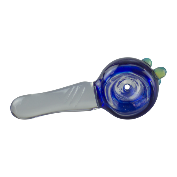 This is the Blue & Titan Bowl from Hornsilver Glass available at Ritual Colorado. Featuring vibrant colors and carved details on the handle this is a beautiful heady slide and a great update to any smoke station.