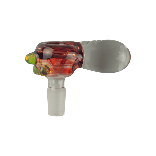 This is the Red & Slyme Bowl from Hornsilver Glass available at Ritual Colorado. Featuring vibrant colors and carved details on the handle this is a beautiful heady slide and a great update to any smoke station.