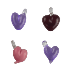 These are Solid Heart Pendants by Technicolor Tony available at Ritual Colorado. Featuring vibrant glass hearts with a clear bail so you can thread onto your favorite jewelry.
