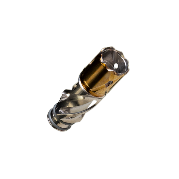 This is the Helix Titanium Tip from Dynavap available at Ritual Colorado. It features a triple helix design which greatly reduces heat transferred to the stem. The golden titanium features a special treatment making it extra durable. Compatible with all Dynavap devices the Helix Titanium Tip is a great innovation on their classic design. 