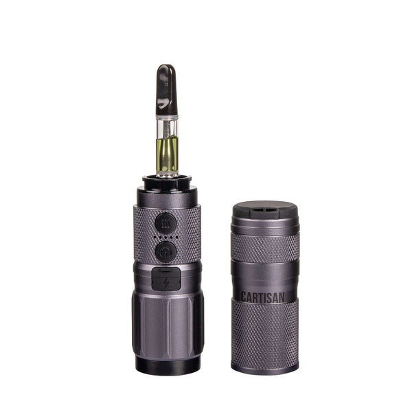 This is the Charcoal High Beam by Cartisan available at Ritual Colorado. A sleek combined 1500 mah 510-thread battery combined with a flashlight in one discrete package.