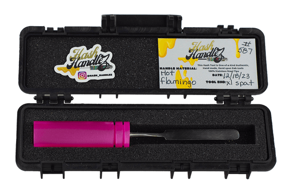 This is the Hot Flamingo dab tool from Hash Handlez available at Ritual Colorado. Each includes a beautiful resin dab tool, protective hard case, and a hand-written card. Check out these locally Denver-made dabber tools today!