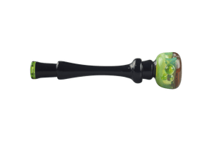 This is the Hypno Swirl Pipe by Technicolor Tony available at Ritual Colorado. A sleek handmade pipe with green accents and a halloween wig wag swirl cap on the bowl.