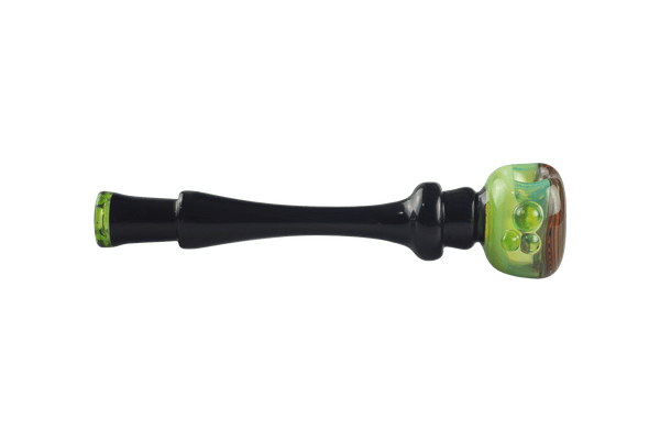 This is the Hypno Swirl Pipe by Technicolor Tony available at Ritual Colorado. A sleek handmade pipe with green accents and a halloween wig wag swirl cap on the bowl.