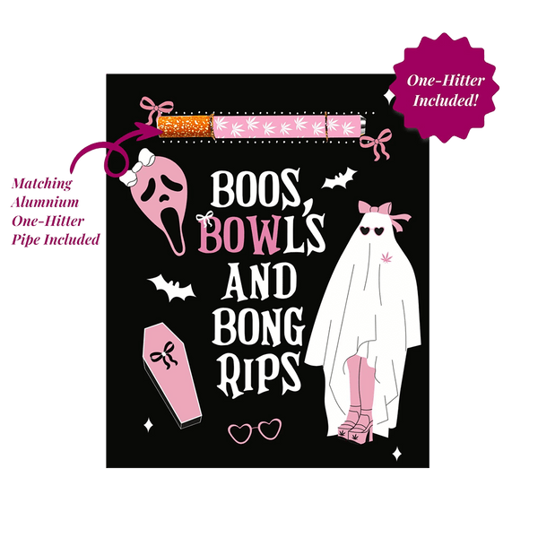 This is the Boos, Bowls & Bong Rips Halloween Cannabis Greeting Card by KushKards available at Ritual Colorado. Featuring an included one-hitter these are a great stoner gift. 