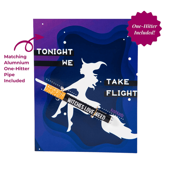 This is the Take Flight Halloween Cannabis Greeting Card by KushKards available at Ritual Colorado. Featuring an included one-hitter these are a great stoner gift. 