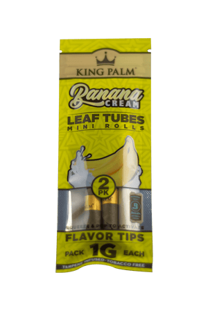 This is a 2 Pack of Banana Cream Leaf Tubes Mini Rolls from King Palm available at Ritual Colorado. Featuring a fun banana flavor, these pre-rolled tubes hold up to 1G and include a wooden tamp for the perfect pack.