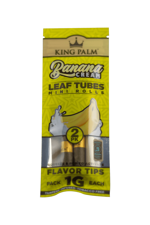 This is a 2 Pack of Banana Cream Leaf Tubes Mini Rolls from King Palm available at Ritual Colorado. Featuring a fun banana flavor, these pre-rolled tubes hold up to 1G and include a wooden tamp for the perfect pack.