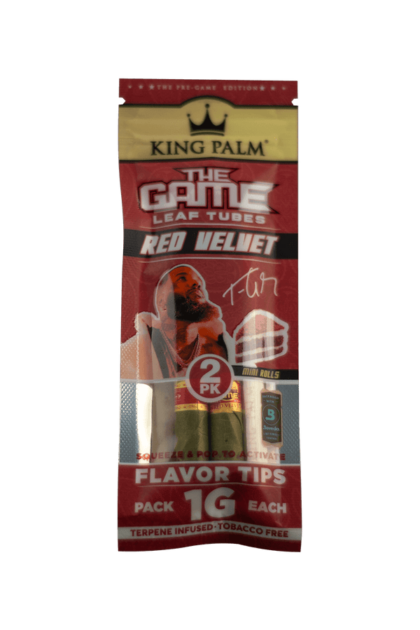 This is a 2 Pack of The Game Red Velvet Leaf Tubes Mini Rolls from King Palm available at Ritual Colorado. Featuring a fun chocolate and vanilla flavor, these pre-rolled tubes hold up to 1G and include a wooden tamp for the perfect pack.