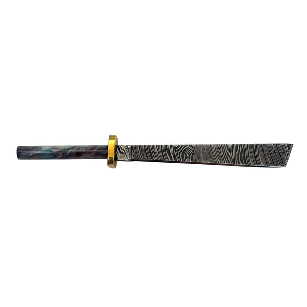 This is the Silver Swirl damascus steel Straight Katana dab tool from Dabmascus available at Ritual Colorado. Featuring intricate steel patterns on the blade accented by handmade handles with vibrant swirling colors.