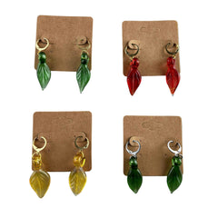 These are Leaf Dangle Earrings by Biting Glass available at Ritual Colorado. Featuring vibrant glass leaves on leverback earring clasps these are a fun way to show off your love for local glass.
