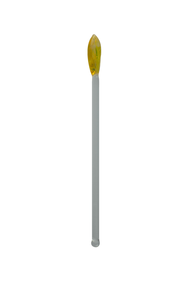 This is the Striking Yellow handmade Glass Leaf Cocktail Swizzle Sticks by Biting Glass available at Ritual Colorado. Featuring vibrant glass leaf toppers and rounded bottom to easily stir up your favorite drink.