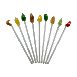 These are handmade Glass Leaf Cocktail Swizzle Sticks by Biting Glass available at Ritual Colorado. Featuring vibrant glass leaf toppers and rounded bottom to easily stir up your favorite drink.