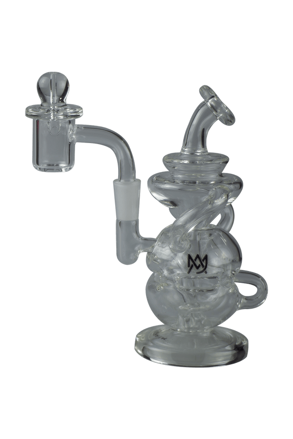 This is the Infinity Mini Rig from MJ Arsenal available at Ritual Colorado. Featuring a 10mm female connection and included quartz banger and carb cap this is the perfect portable dab setup that also rips with a Dynavap. 