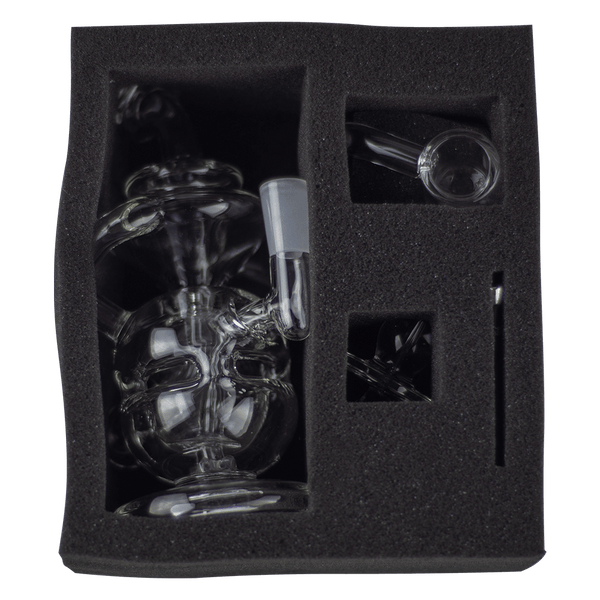 This is the Infinity Mini Rig from MJ Arsenal available at Ritual Colorado. Featuring a 10mm female connection and included quartz banger and carb cap this is the perfect portable dab setup that also rips with a Dynavap. 